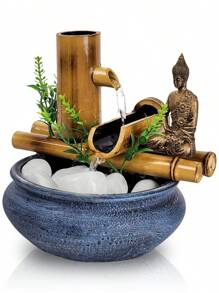 Fonte Estatua De Mesa Agua Cascata Feng Shui Bambu 18Cm - Azul + LED - Visão 5
