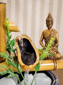 Fonte Estatua De Mesa Agua Cascata Feng Shui Bambu 18Cm - Azul + LED - Visão 11
