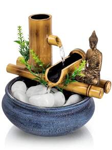 Fonte Estatua De Mesa Agua Cascata Feng Shui Bambu 18Cm - Azul + LED - Visão 7