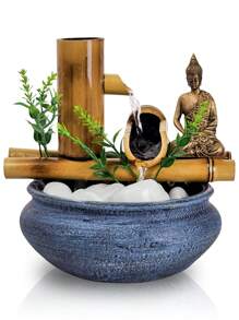 Fonte Estatua De Mesa Agua Cascata Feng Shui Bambu 18Cm - Azul + LED - Visão 6