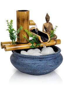 Fonte Estatua De Mesa Agua Cascata Feng Shui Bambu 18Cm - Azul + LED - Visão 8