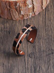 1件豹纹皮革表带和铜环装饰时尚个性化手链，女士款，欧美风格 - 深棕豹紋 - 查看 1