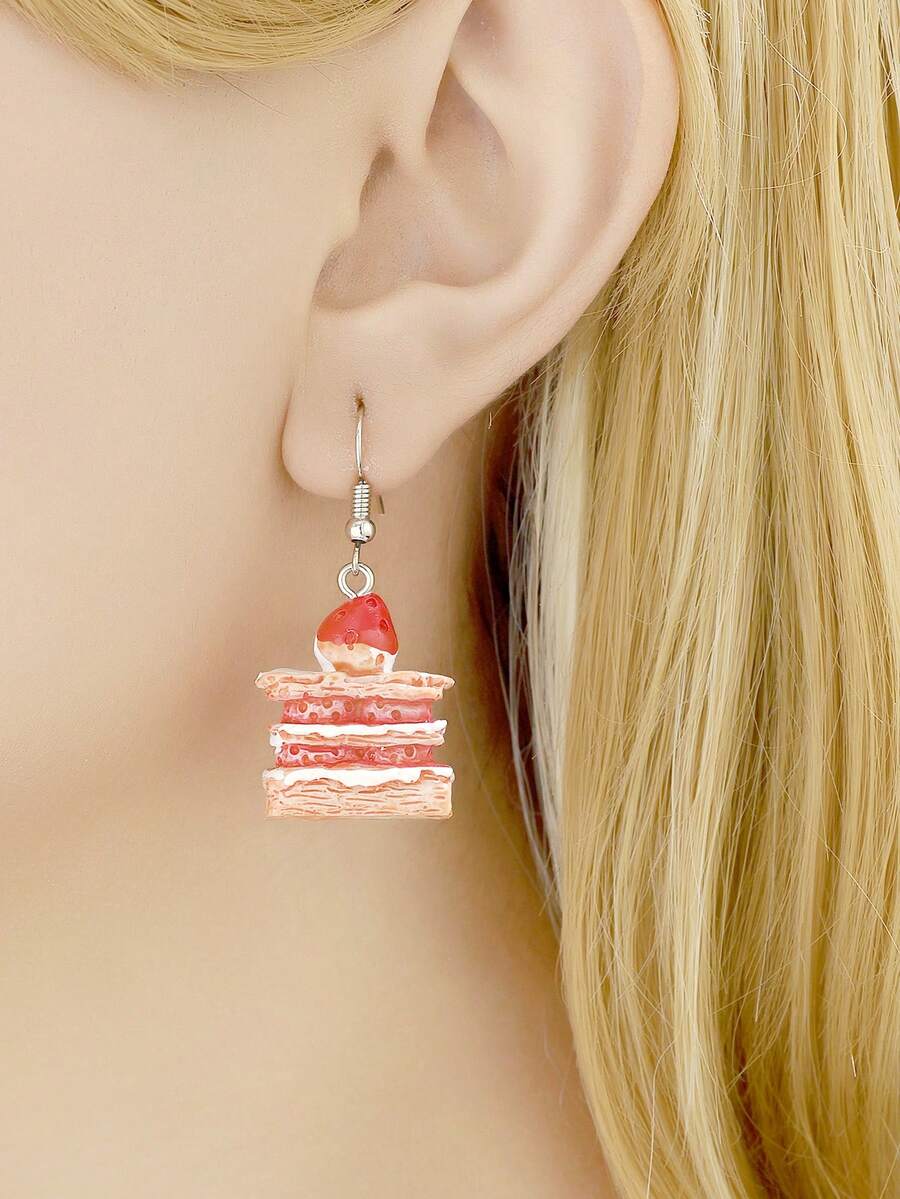 1對歐美風格休閒分層蛋糕,水果,簡約,粉色心形,女士假日風耳環 - 彩色 - 查看 1