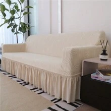 1 Piece Jacquard Velvet Sofa Cover, Elastic Full Skirt Sofa Cover, Simple Modern Polyester Fiber, Suitable For Living Room And Home - Beige - View 7