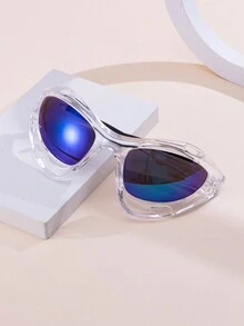 1 副成人通用男女通用 Y2k 未來機械風格透明鍍膜藍膜戶外運動防風眼鏡賽博龐克元素護目鏡 - 無色 - 查看 1