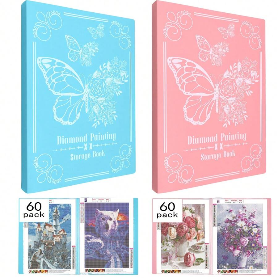 2pcs A3 Diamond Painting Storage Book, 60 Pages Artwork Portfolio, Big Size Art Folder For 12x16 Inch Diamond Painting(Pink + Blue) - Blue+Pink - View 1