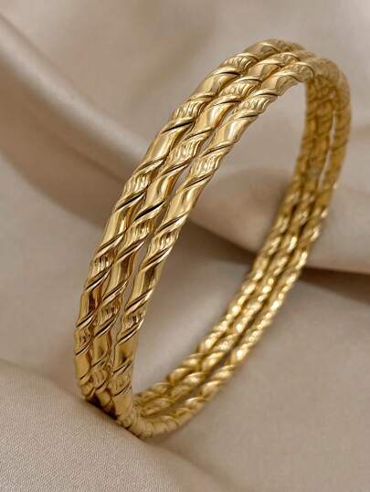 3 Pcs Gold Color Thin Twist Cuff Bracelets For Women Stainless Steel Stackable Boho Jewelry Teen Girls Bracelets Daily Party Christmas Jewelry Gifts