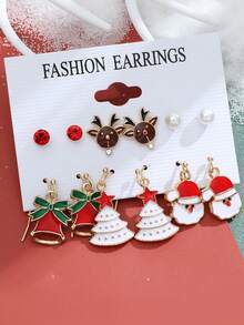 6對精美的歐美聖誕節耳環,聖誕老人、聖誕樹和雪人金屬垂墜耳環套裝 - 彩色 - 查看 4