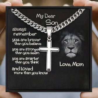 1pc Men's Cross Necklace,Mom Gave Her Son, 14k White Gold Stainless Steel Cross Pendant Necklace With Message Card, Comes In Gift Box, Perfect For Birthdays, Anniversaries