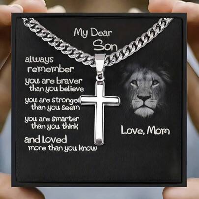 1pc Men's Cross Necklace,Mom Gave Her Son, 14k White Gold Stainless Steel Cross Pendant Necklace With Message Card, Comes In Gift Box, Perfect For Birthdays, Anniversaries