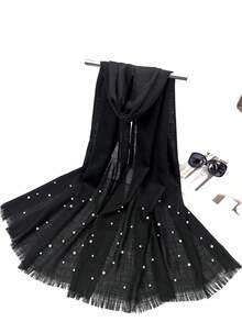 1入女士黑色珍珠釘珠穗邊圍巾披肩,適合日常通勤和戶外穿著 - 黑色 - 查看 3