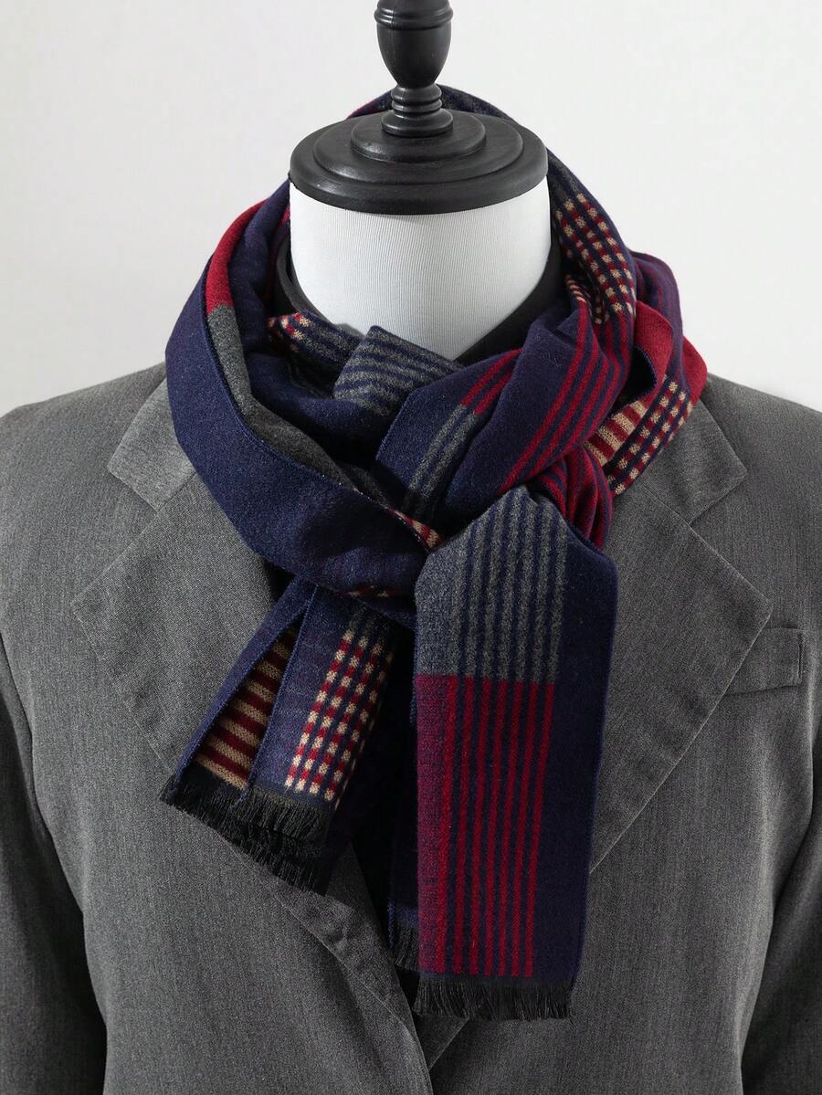 1條男款高級仿喀什米爾毛紋紋結巴掌圍巾,溫暖時尚,適合與外套一起戶外使用 - 彩色 - 查看 1