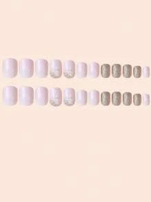 Add a Touch of Romance with 24pcs Short Square Christmas Elegant Snowflake Gold Powder Full Cover Fake Nail For Women And Girls - Multicolor - View 3