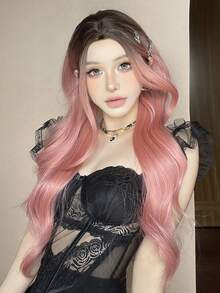 女性優雅必備的傑出粉色長卷曲波浪合成纖維髮型，讓您的優雅更上一層樓！ - 漸層 - 查看 4