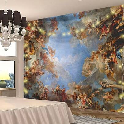 复古油画球印花挂毯，现代风格涤纶纤维方形装饰挂毯适用于客厅和卧室装饰，房间旗帜，房间装饰，挂毯，墙壁装饰，墙壁艺术，房间用品，房间旗帜，家居装饰，壁挂