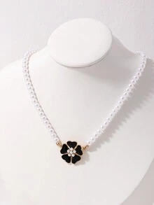 1條精致的珍珠和鑽石花鉆吊墜項鍊,適合女性使用 - 彩色 - 查看 2