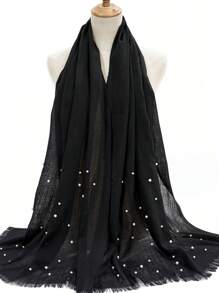 1入女士黑色珍珠釘珠穗邊圍巾披肩,適合日常通勤和戶外穿著 - 黑色 - 查看 1