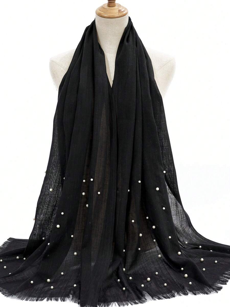 1入女士黑色珍珠釘珠穗邊圍巾披肩,適合日常通勤和戶外穿著 - 黑色 - 查看 1