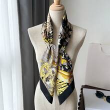 1pc Women's Black And Gold Tropical Rainforest Flower And Bird Printed Twill Scarf, 90cm Square Multifunction Headscarf Hair Scarf, Fashionable Beach Shawl Birthday Gift - Black - View 2