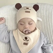 1pc Smiling Teddy Bear Design Hat With Matching Bib For 3-12 Months Baby, 38-46cm, Daily Wear In Spring And Autumn - Beige - View 1