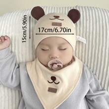 1pc Smiling Teddy Bear Design Hat With Matching Bib For 3-12 Months Baby, 38-46cm, Daily Wear In Spring And Autumn - Beige - View 2