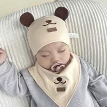1pc Smiling Teddy Bear Design Hat With Matching Bib For 3-12 Months Baby, 38-46cm, Daily Wear In Spring And Autumn - Beige - View 6