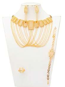 1套共5件幾何設計,18k金鍍和香檳金鍍,銅材料,耐用耐拉,奢華杜拜風格新娘婚禮慶典首飾禮物套裝 - 香檳色 - 查看 1