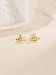 1 对时尚 925 纯银土星耳钉 女士复古精致情人节珠宝礼物 - 金色 - 查看 3