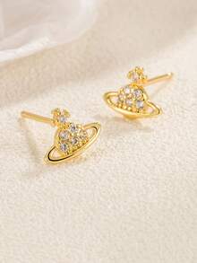 1 对时尚 925 纯银土星耳钉 女士复古精致情人节珠宝礼物 - 金色 - 查看 2