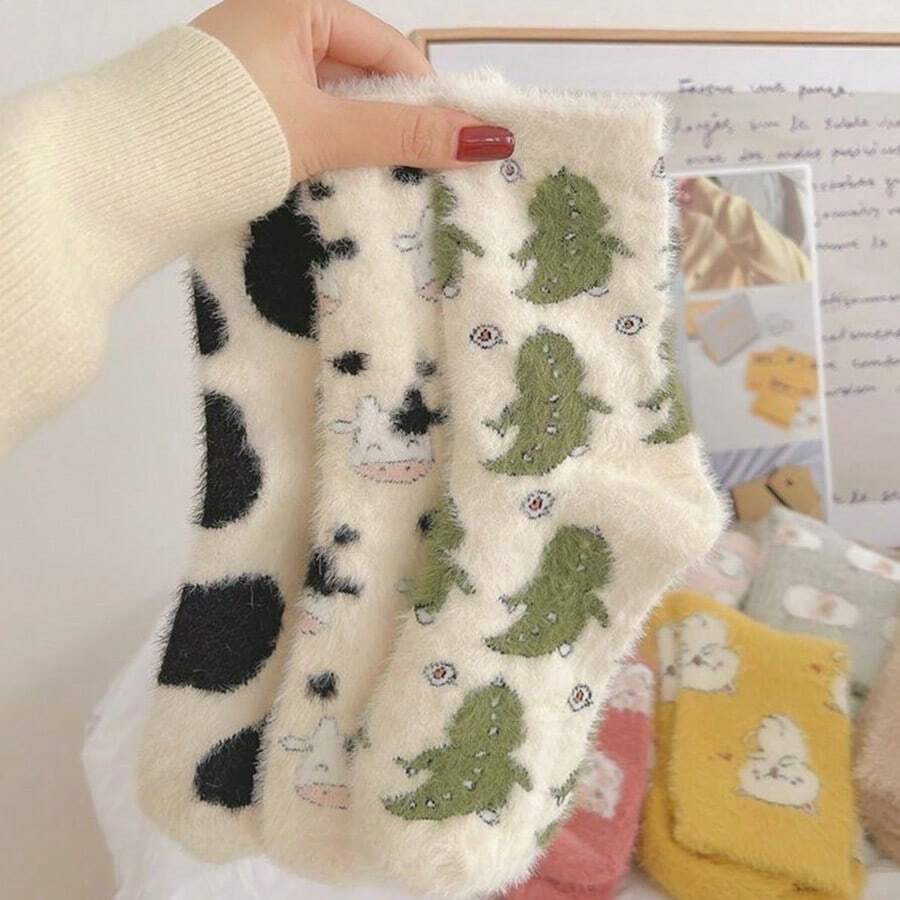 3pairs Winter Cartoon Dinosaur & Cow Design Warm Plush Socks - Multicolor - View 1