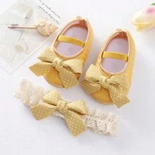 0-18個月嬰兒柔軟結實的底行走鞋和襪子套裝，風格公主鞋髮箍生日晚宴配件 - 芥末黃 - 查看 1