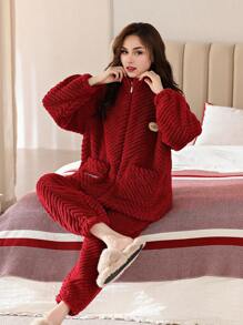 加厚保暖熱門簡約休閒秋冬珊瑚絨立領女士家居睡衣套裝 - 酒紅色 - 查看 3