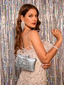 太陽花圖案硬殼抱包,外觀呈抱枕狀,鑲嵌鑽石,適用於派對、婚禮、舞會、晚宴/宴會,可與婚紗、禮服、舞會裙、生日禮服搭配 - 銀色 - 查看 4