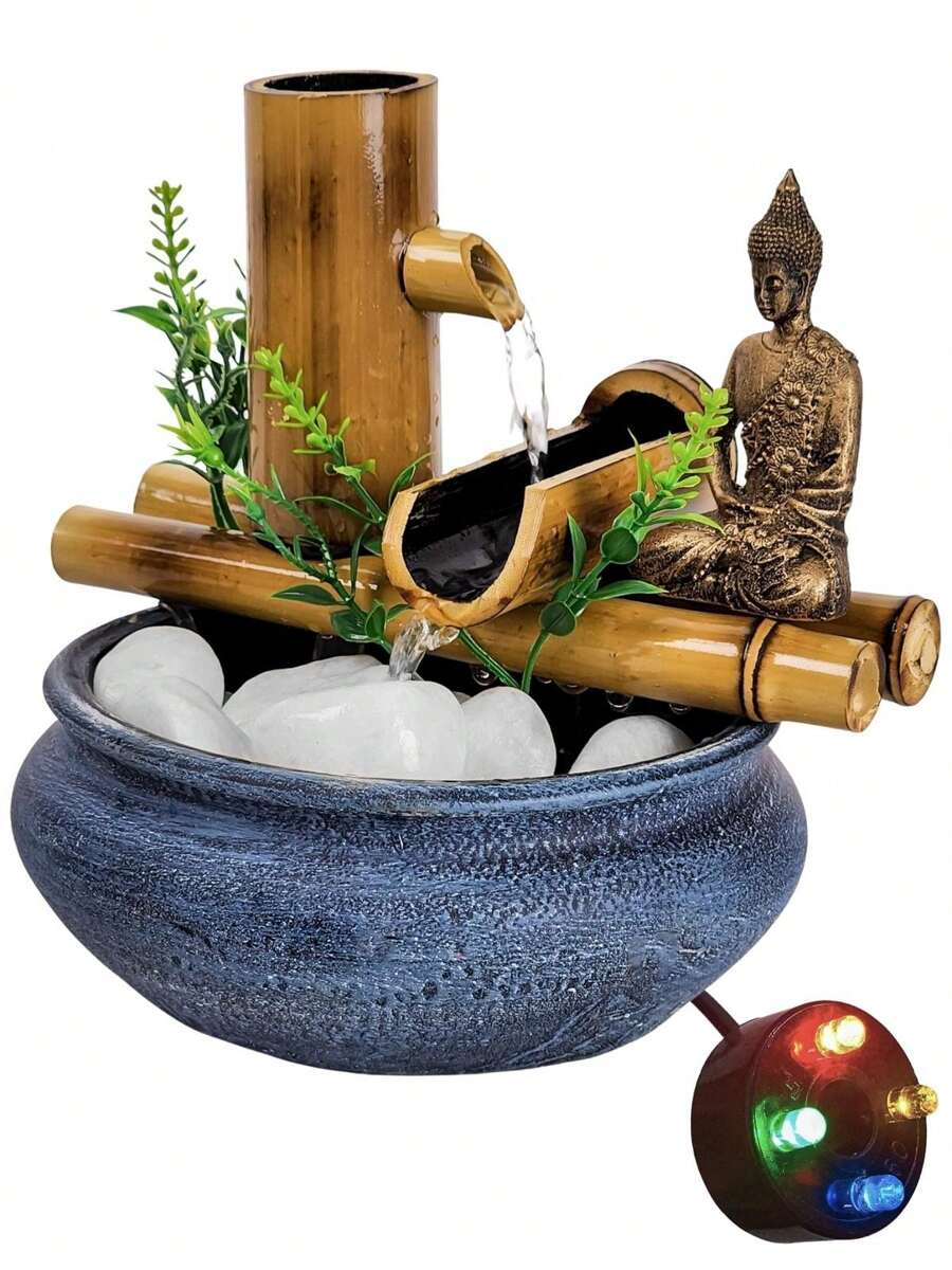 Fonte Estatua De Mesa Agua Cascata Feng Shui Bambu 18Cm - Azul + LED - Visão 1