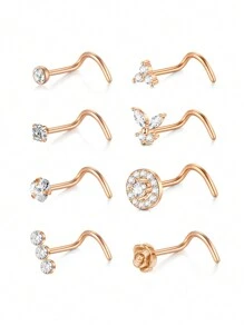 CIZME 8 piezas/set Pendientes de nariz de plata y oro para mujeres de 18G 20G, pendientes de nariz en forma de sacacorchos en L, pendientes de nariz de acero inoxidable, joyas de piercing de nariz de acero inoxidable para fosa nasal