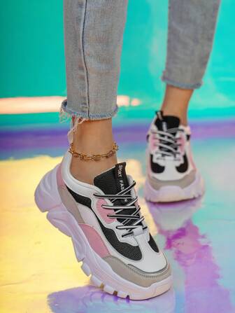 Women's Lace-Up Height Increasing Multicolor Patchwork Chunky Shoes- Lightweight, Comfortable, Breathable, Perfect For Students, Running, Outdoor, And Fashionable Sport Shoes