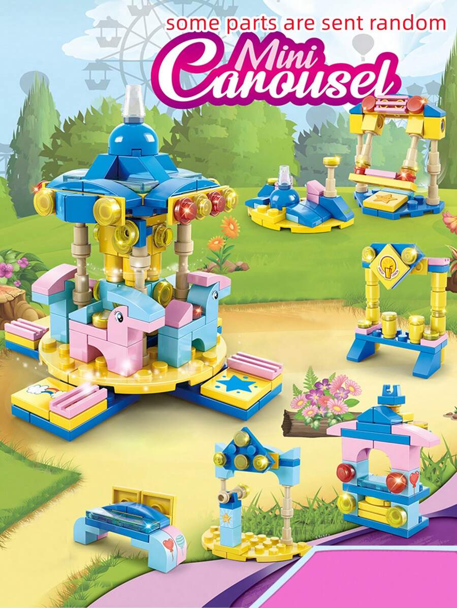 159pcs Mini Rotating Carousel Building Block Toy, Girls' Educational Street View Commercial Micro Particle Assembling Model- Suitable For Children'S Birthday/New Year Festival Gift - Multicolor - View 1