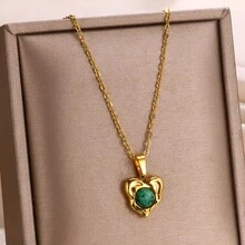 1個時尚復古輕奢心形吊墜項鍊,適用於女性和女孩日常裝飾,高端鎖骨鏈項鍊 - 綠松石色 - 查看 2