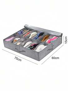 1pc Under Bed Shoe Storage Organizer, Foldable Fabric Shoe Container With Transparent Cover & Window, Storage Bag With 2 Handles - Grey - View 3