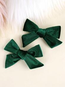 2入組深綠色絲絨蝴蝶結女孩髮夾，手工打結包芯髮夾，鱷魚夾的兒童髮飾 - 墨綠色 - 查看 1