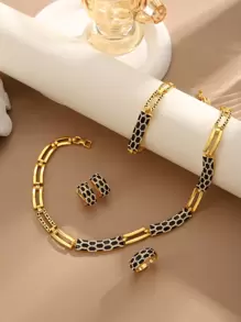 1set Retro Bronze Alloy Oil Drip, Rhinestone Inlaid Snake Pattern Design Earrings, Ring, Bracelet, Necklace Jewelry Set For Women, Suitable For Daily Wear - Yellow Gold - View 3