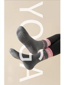 女性運動襪,防滑,雙條紋,中筒長度,適用於健身、瑜伽、跑步、普拉提 - 灰色 - 查看 2