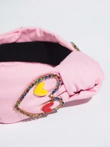 1pc Women'S Embroidered Heart & Rhinestone Decor Knot Headband - Pink - View 2