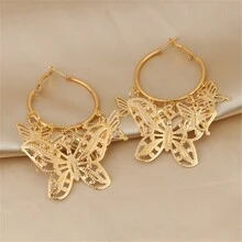 1對蝴蝶大圈耳環,金色帝王蝴蝶垂飾耳環,派對度假珠寶禮物,適合女性女孩 - 彩色 - 查看 1