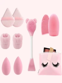 1入組面膜清潔刷+2入組面部清潔手帶+2入組柔軟三角形粉紅色化妝粉撲組+2入組化妝美容蛋撲組+1入組清潔工具+1入組適用於面部化妝的收納袋,適用於霜狀和粉狀遮瑕,散粉化妝器,旅行必備的便攜套裝 - 粉色 - 查看 1