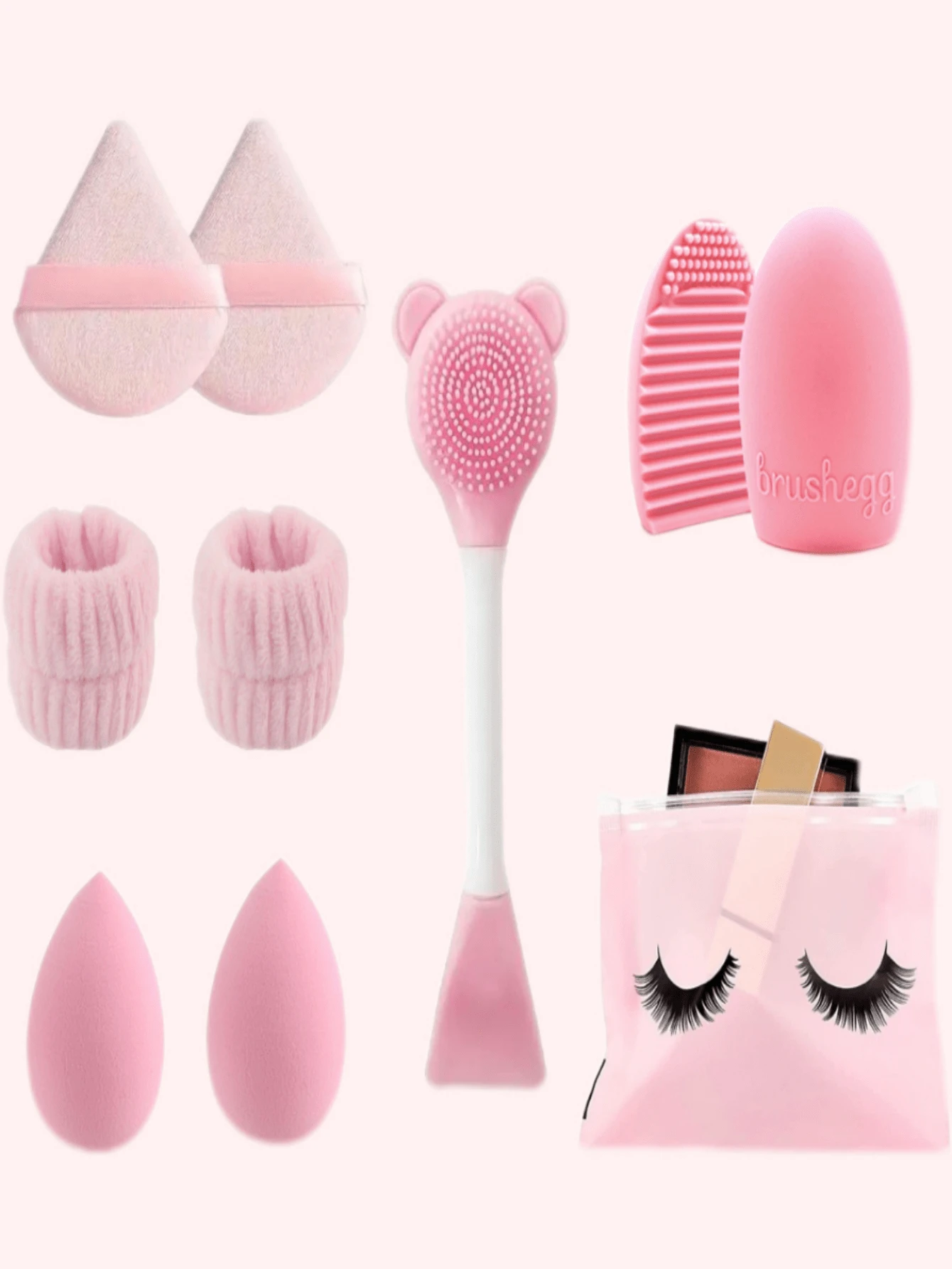 1入組面膜清潔刷+2入組面部清潔手帶+2入組柔軟三角形粉紅色化妝粉撲組+2入組化妝美容蛋撲組+1入組清潔工具+1入組適用於面部化妝的收納袋,適用於霜狀和粉狀遮瑕,散粉化妝器,旅行必備的便攜套裝 - 粉色 - 查看 1