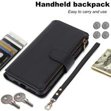 流行的斜挎錢包手機殼，兼容 iPhone 15 14 13 12 11 Pro Max XR XS Max 7 8 Plus 12 Mini 13 迷你信用卡座人造皮革手機殼，配有短掛繩拉鍊翻蓋雙磁扣和耐用的防震蓋，適用於 Samsung S24 S23 S22 Ultra S24 S23 S22 Plus S23 FE Note 20 Ultra A14 A53 A54 - 黑色 - 查看 4