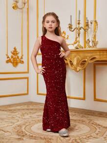 Tween Girl One Shoulder Backless Sequin Mermaid Dress For Party - Burgundy - View 1