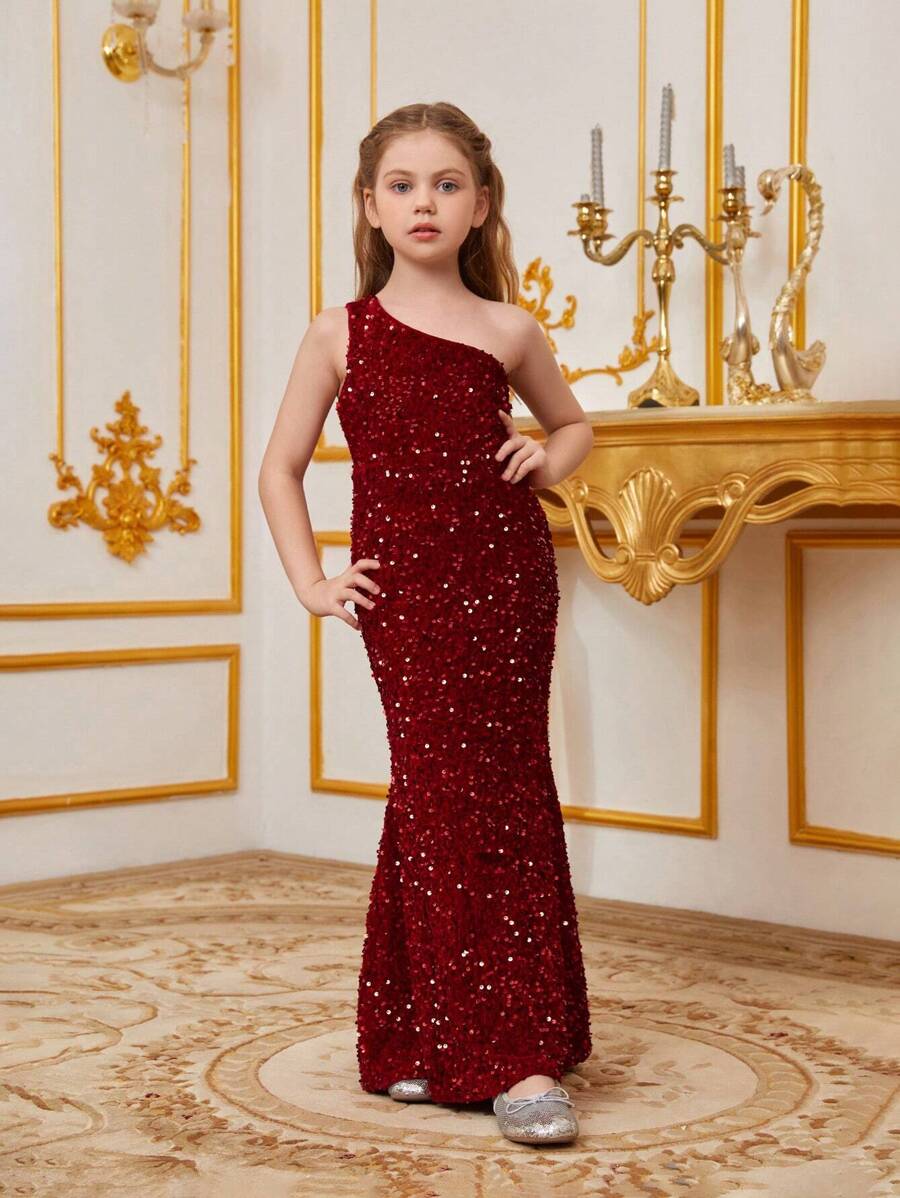 Tween Girl One Shoulder Backless Sequin Mermaid Dress For Party - Burgundy - View 1