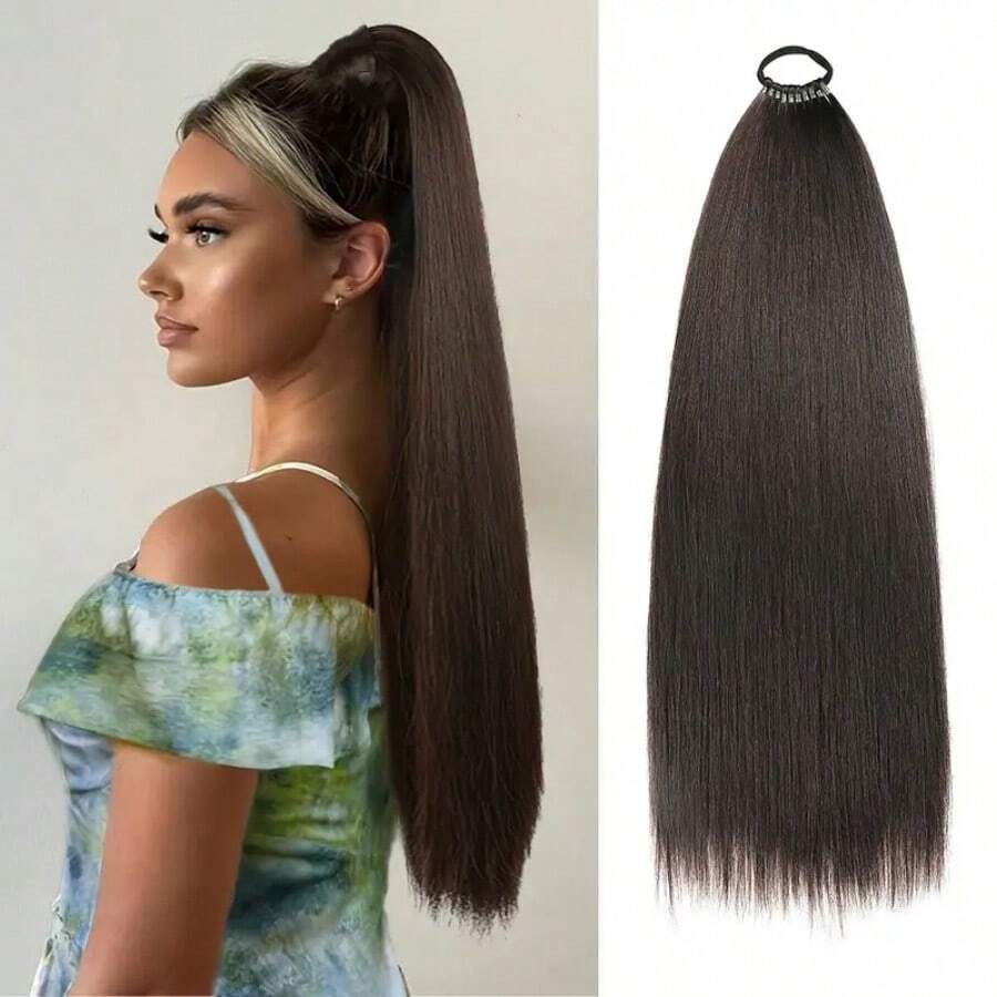 Tóc đuôi ngựa thẳng dài 24 inch bằng sợi tổng hợp, tóc giả màu nâu sẫm/màu bọ hung dành cho phụ nữ, tóc giả hóa trang tiệc tùng, tóc tết dài kèm dây chun, phụ kiện tóc - Dark Brown - Xem 1
